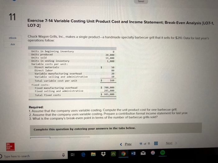  Saved Exercise 7-14 Variable Costing Unit Product Cost and Income Statement
