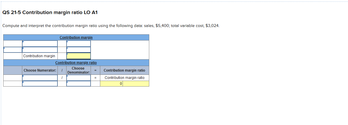  QS 21-5 Contribution margin ratio LO A1 Compute and interpret the