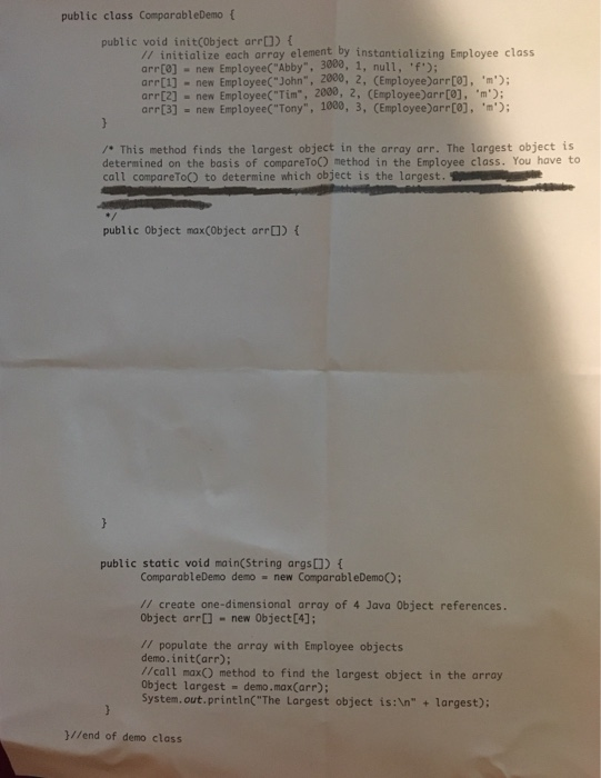 array element by instantializing Employee class arr[0]- new Employee("Abby", 3000, 1, nul1,