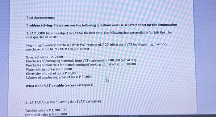 hmm Post Assessments: Problem Solving: Please answer the following questions and use