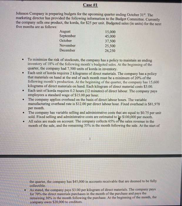  Case #1 . Johnson Company is preparing budgets for the upcoming
