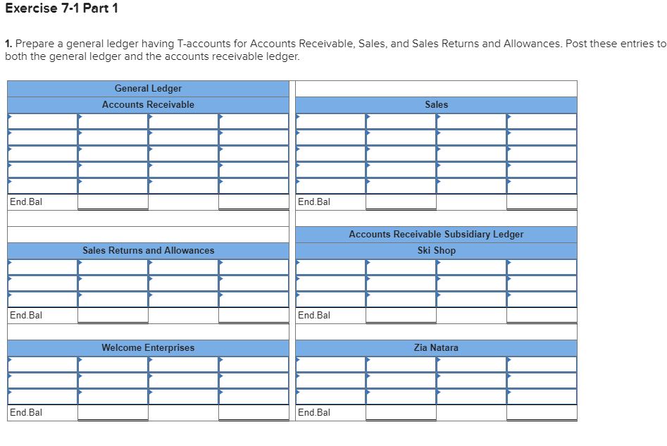  Exercise 7-1 Part 1 1. Prepare a general ledger having T-accounts