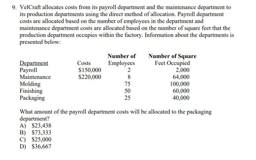  9. VelCraft allocates costs from its payroll department and the maintenance