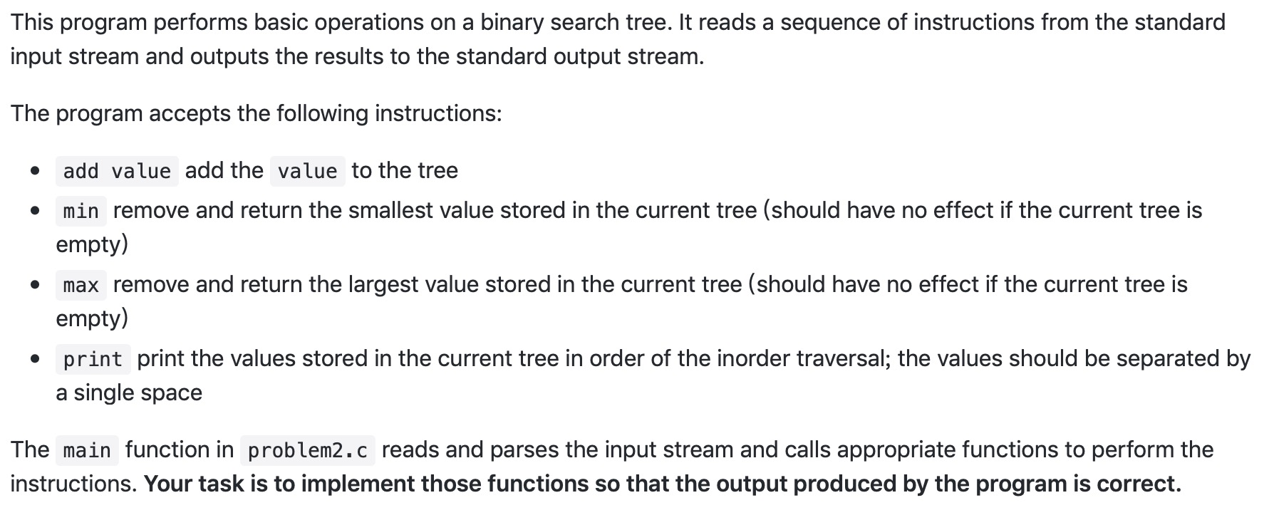 C problem. Only modify function in file bst.c, but not allowed to