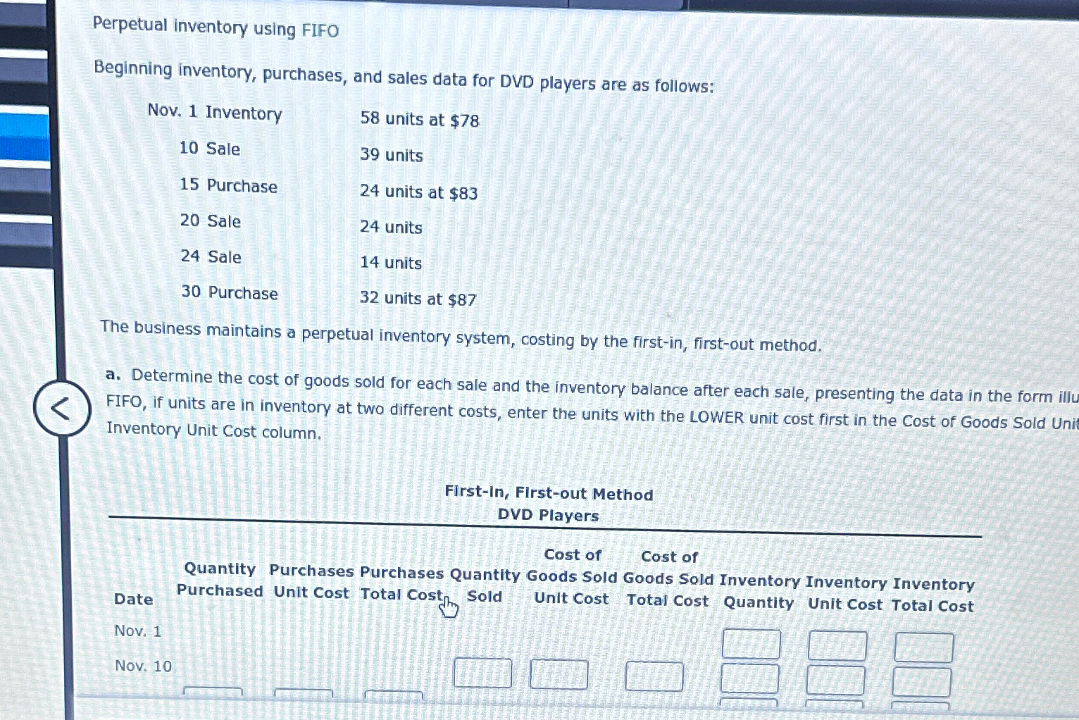  Perpetual inventory using FIFO Beginning inventory, purchases, and sales data for