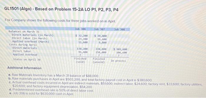  GL1501 (Algo) - Based on Problem 15-2A LO P1, P2, P3,