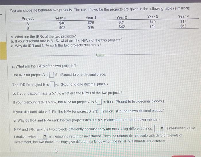  You are choosing between two projects. The cash flows for the