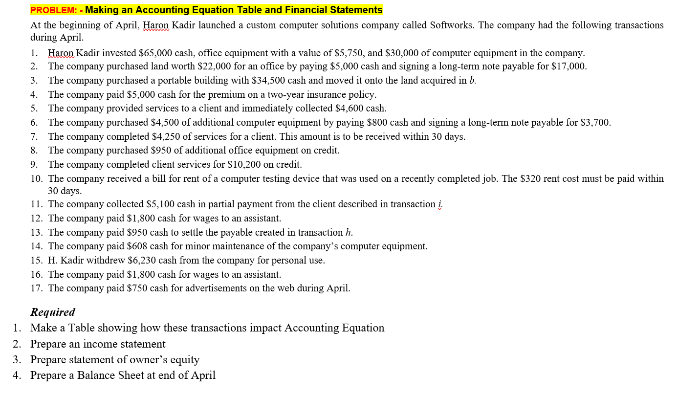 this is for ACCT 100 PROBLEM: - Making an Accounting Equation