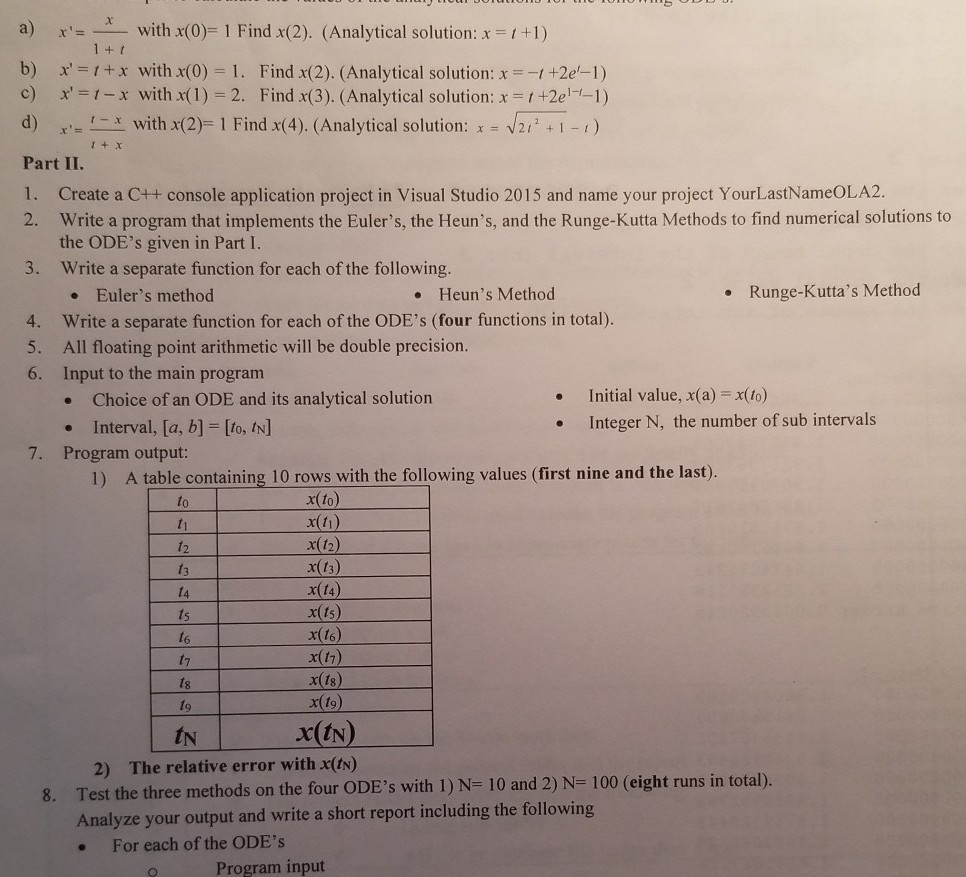 C++ a) r'= with x(0)=1 Find x(2). (Analytical solution: x =1+1) b)
