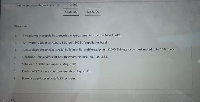 Land Buildings Equipment Accounts Payable Unearned Rent Revenue Mortgage Payable Common Stock