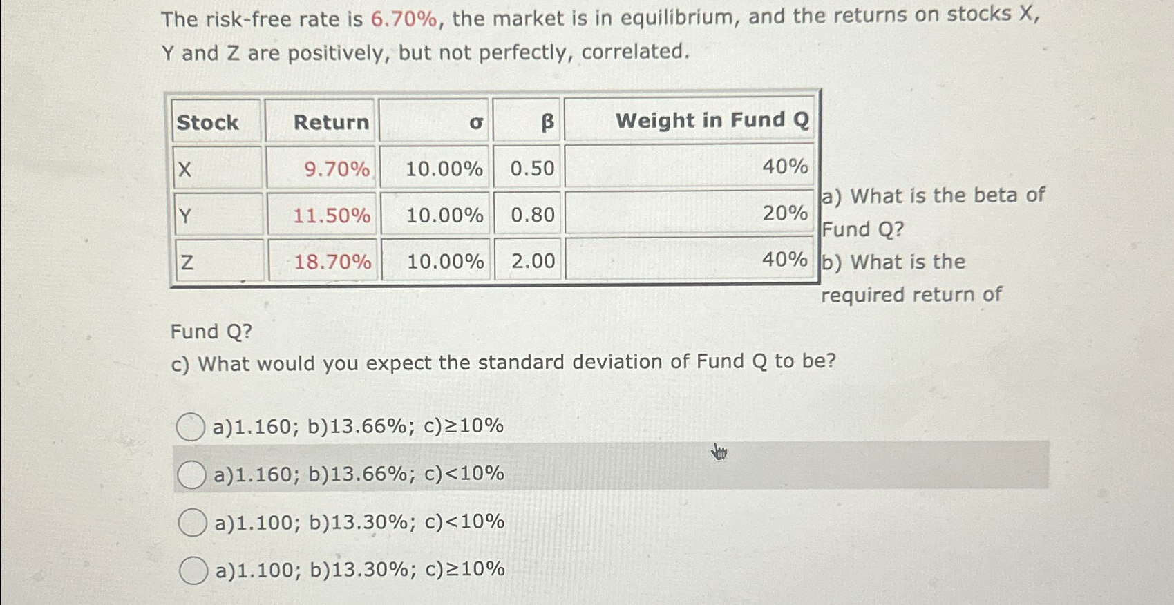  The risk-free rate is 6.70%, the market is in equilibrium, and