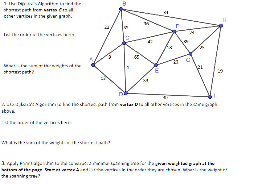  Use Dijkstra's Algorithm to find the shortest path from vertex G