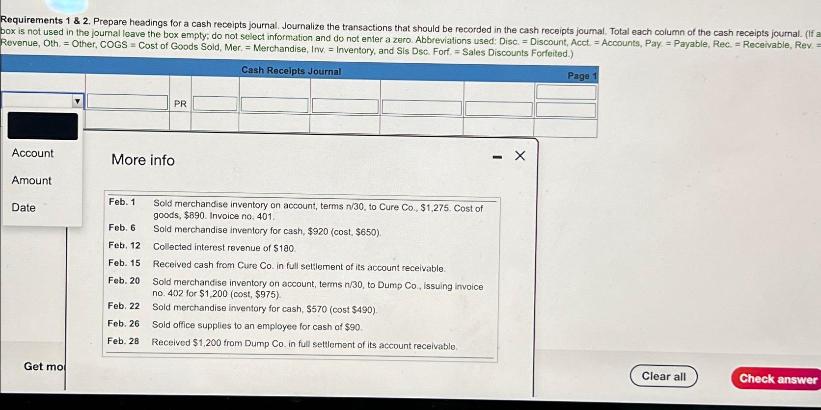  Requirements 1 & 2. Prepare headings for a cash receipts journal.