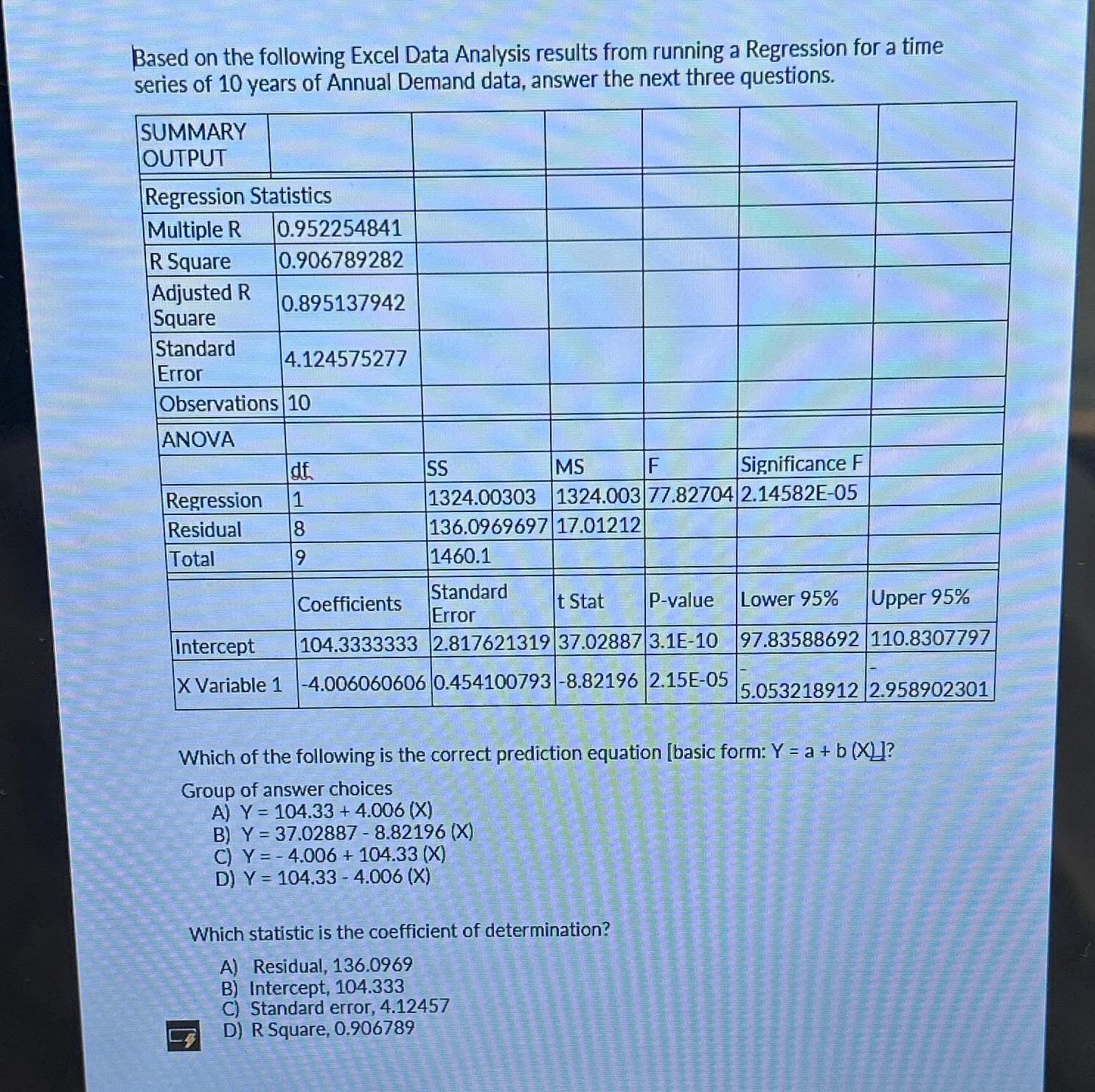  Based on the following Excel Data Analysis results from running a