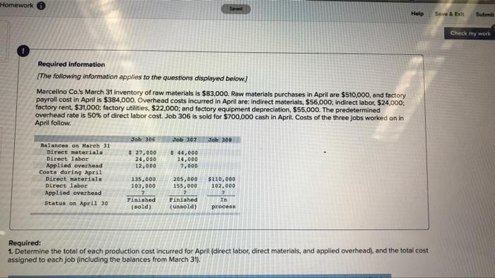  Homework Help Save & El Sub Check my work Required information