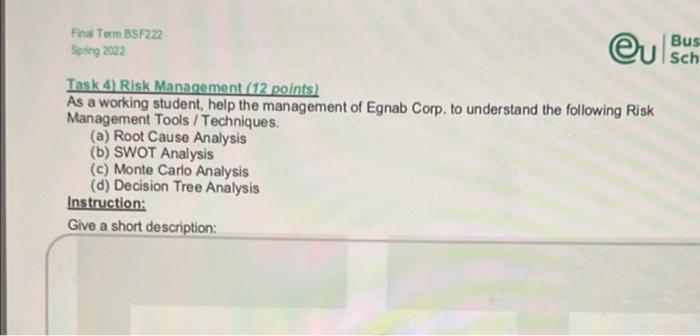  Final Term BSF222 Spring 2022 eu Bus Sch Task 4 Risk