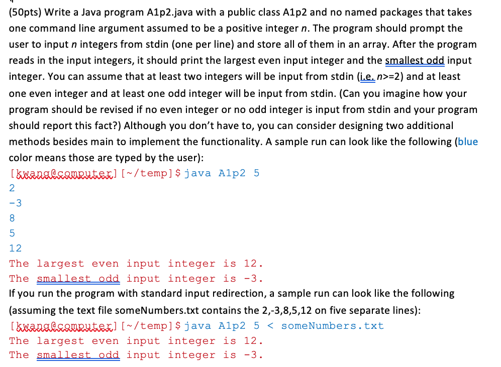  (50pts) Write a Java program A1p2.java with a public class A1p2
