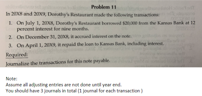 PLZ TYPE THE ANSWER THANKS t o Problem 11 In 20X8