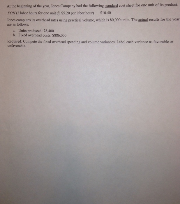  Compute the fixed overhead spending and volume variances. Label each variance