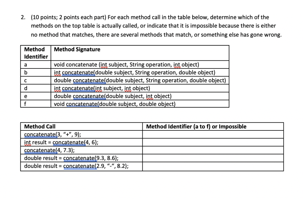 JAVA (10 points; 2 points each part) For each method call in