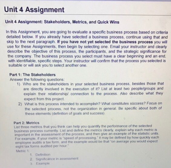  Unit 4 Assignment Unit 4 Assignment: Stakeholders, Metrics, and Quick Wins