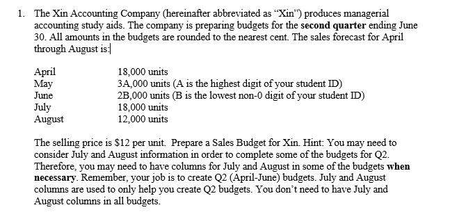 Highest digit is 8 Lowers digit is 1 9. Prepare a budgeted