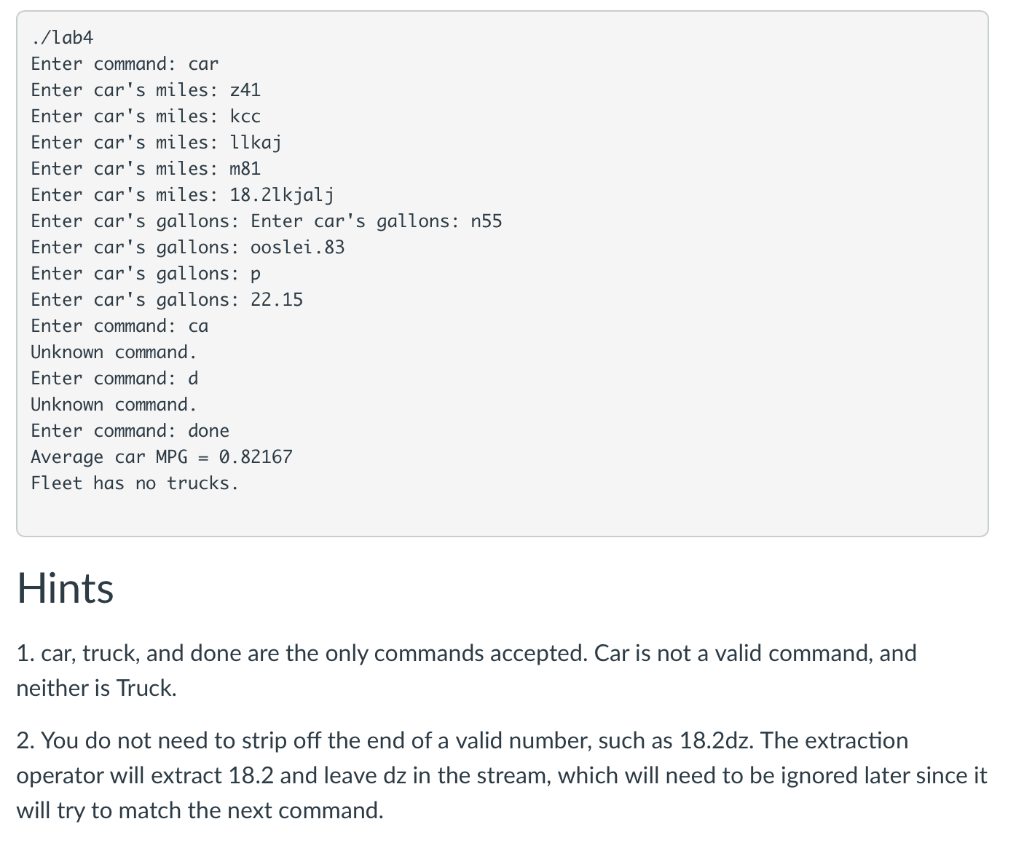 that calculates a fleet's car and truck miles per gallon. Create a