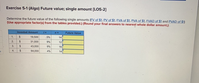  Exercise 5-1 (Algo) Future value; single amount [LO5-2) Determine the future