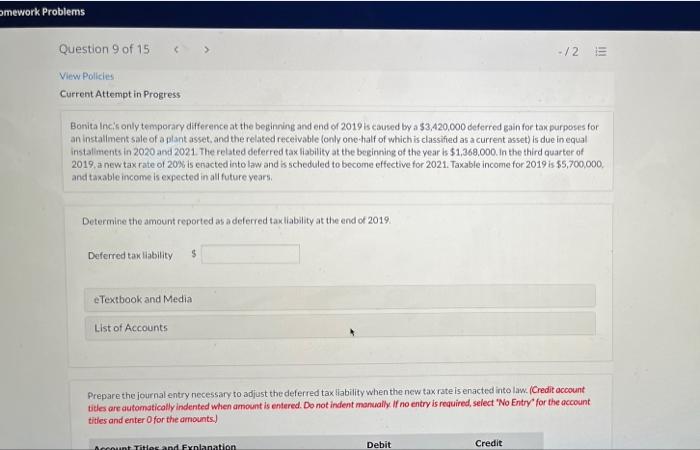  amework Problems -/2 E Question 9 of 15 View Policies Current