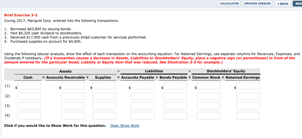  CALCULATOR PRINTER VERSION BACK NEX Brief Exercise 3-2 During 2017, Marigold