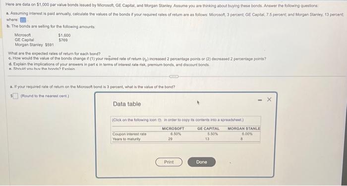  Here are data on $1,000 par value bonds issued by Microsoft,