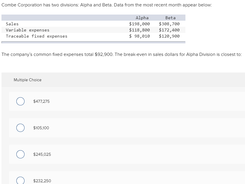 Combe Corporation has two divisions: Alpha and Beta. Data from the