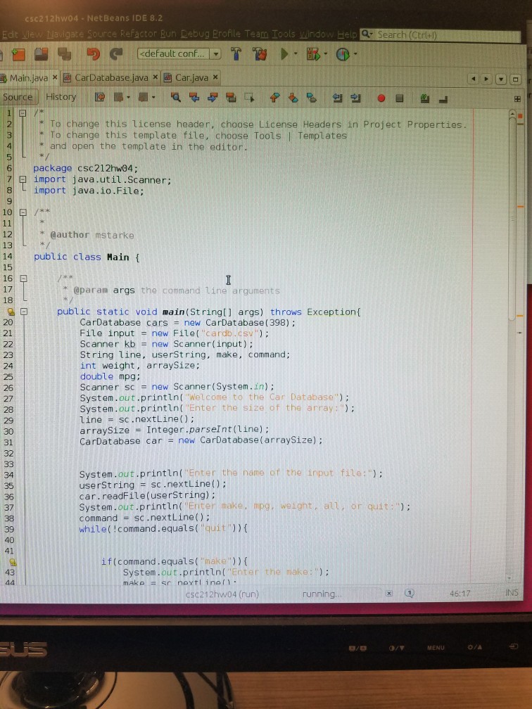 class: Here is my code for the CarDatabase class: Here is my