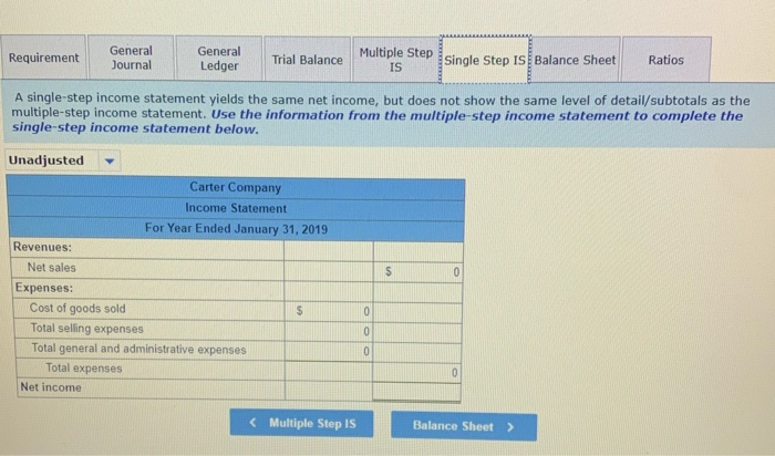 Single Step Is Balance Sheet Ratios General Journal tab - Prepare any