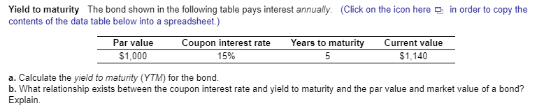  Yield to maturity The bond shown in the following table pays