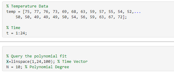 need help with MATLAB Error \% Temperature Data temp =[75,77,76,73,69,68,63,59,57,55,54,52, 50,50,49,49,49,50,54,56,59,63,67,72]; \%