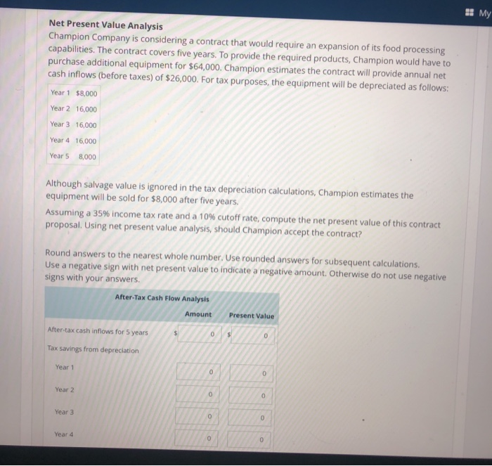  My Net Present Value Analysis Champion Company is considering a contract