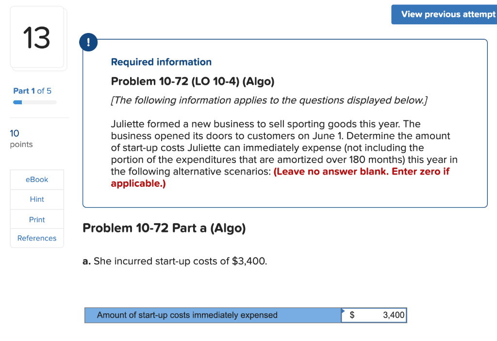  View previous attempt 13 ! Required information Problem 10-72 (LO 10-4)