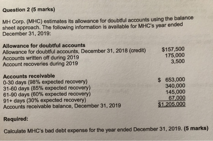 Question 2 (5 marks) MH Corp. (MHC) estimates its allowance for