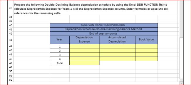 the Excel DDB FUNCTION (fx) to calculate Depreciation Expense for Years 1-4