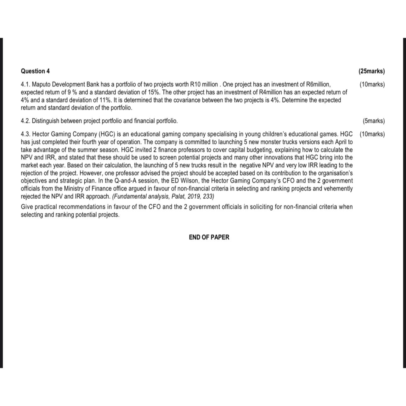  Question 4 4.1. Maputo Development Bank has a portfolio of two