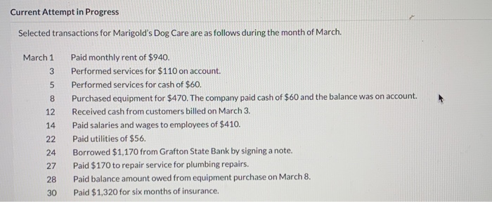  Current Attempt in Progress Selected transactions for Marigold's Dog Care are