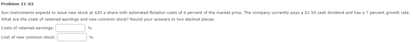 Problem 21-02 Sun Instruments expects to issue new stock at $30