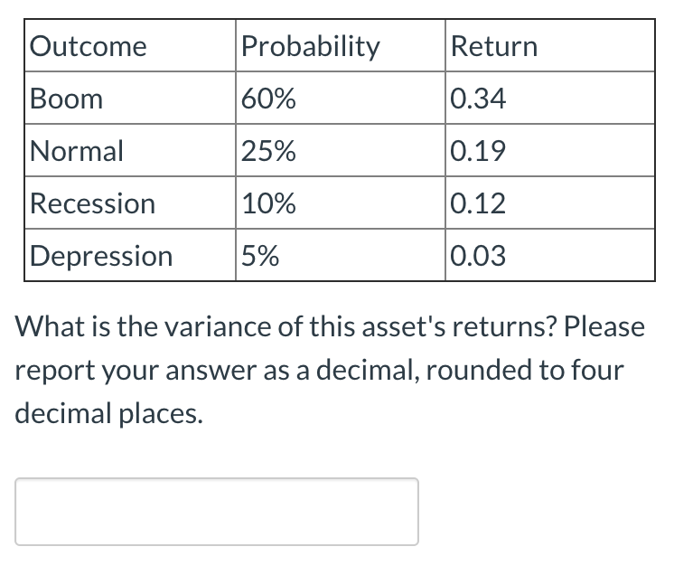  Outcome Probability Return Boom 60% 0.34 Normal 25% 0.19 Recession 10%