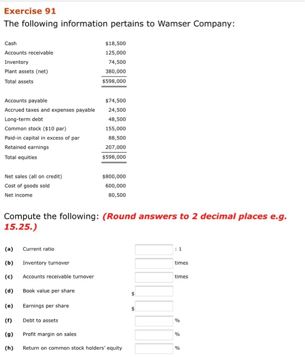 Exercise 91 The following information pertains to Wamser Company: Exercise 91