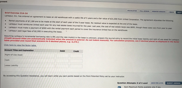  ament CALCULATOR FULL SCREEN PRINTER VERSION BACK NEXT Brief Exercise 21A-24