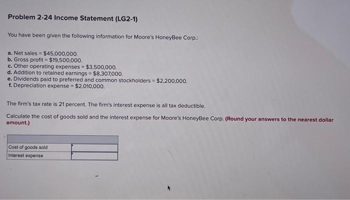please round to the nearest dollar. Problem 2-24 Income Statement (LG2-1) You