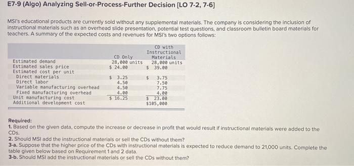  E7-9 (Algo) Analyzing Sell-or-Process-Further Decision [LO 7-2, 7-6) MSI's educational products