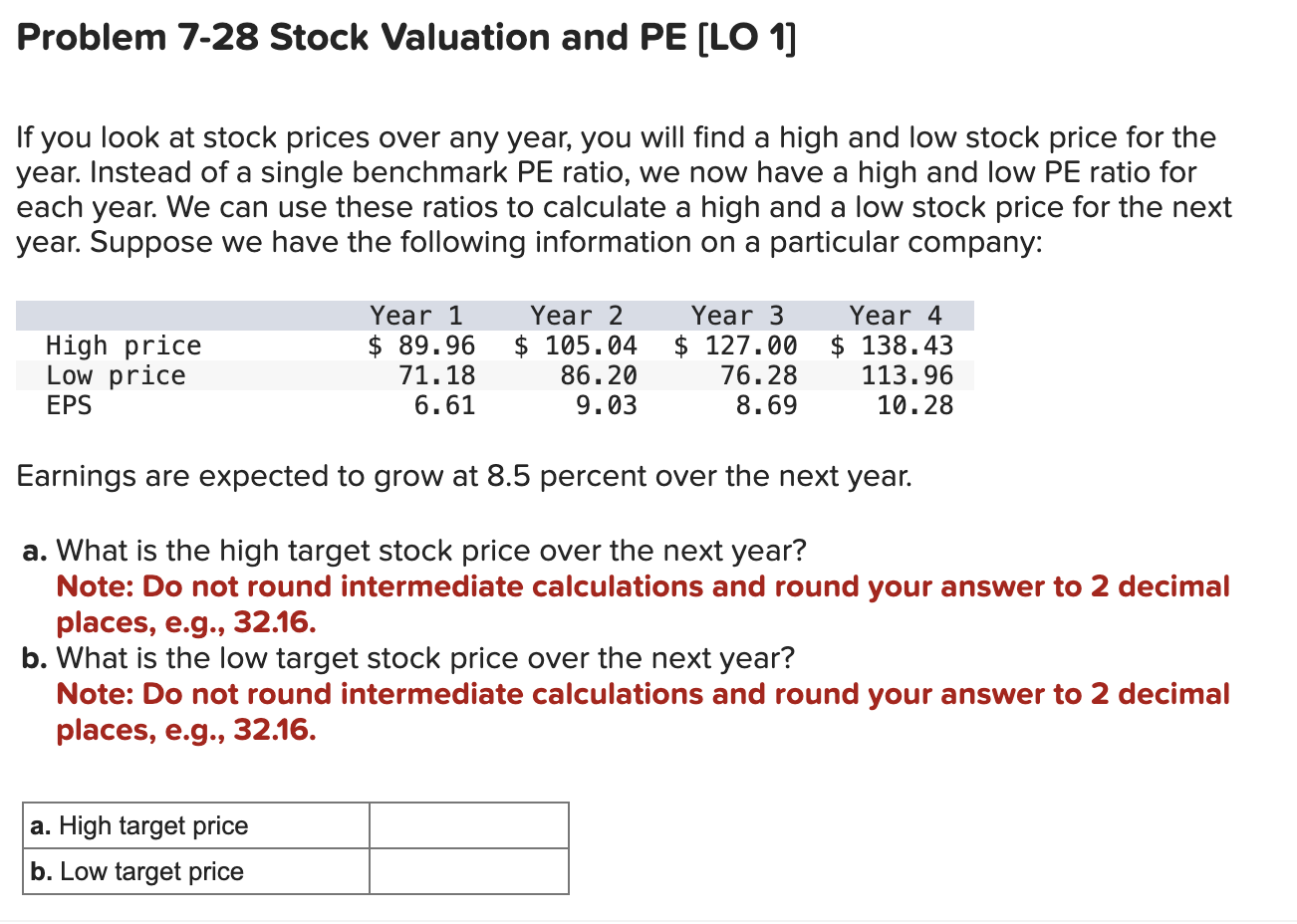  Problem 7-28 Stock Valuation and PE [LO 1] If you look