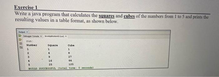in java Write a java program that calculates the squares and cubes
